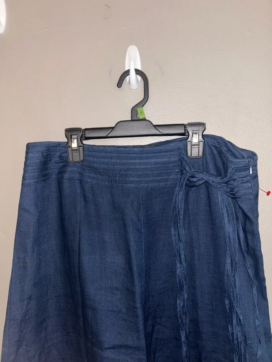 Linen Maxi Skirt - navy blue 100% linen w/fringe tie detail - Picture 3 of 11